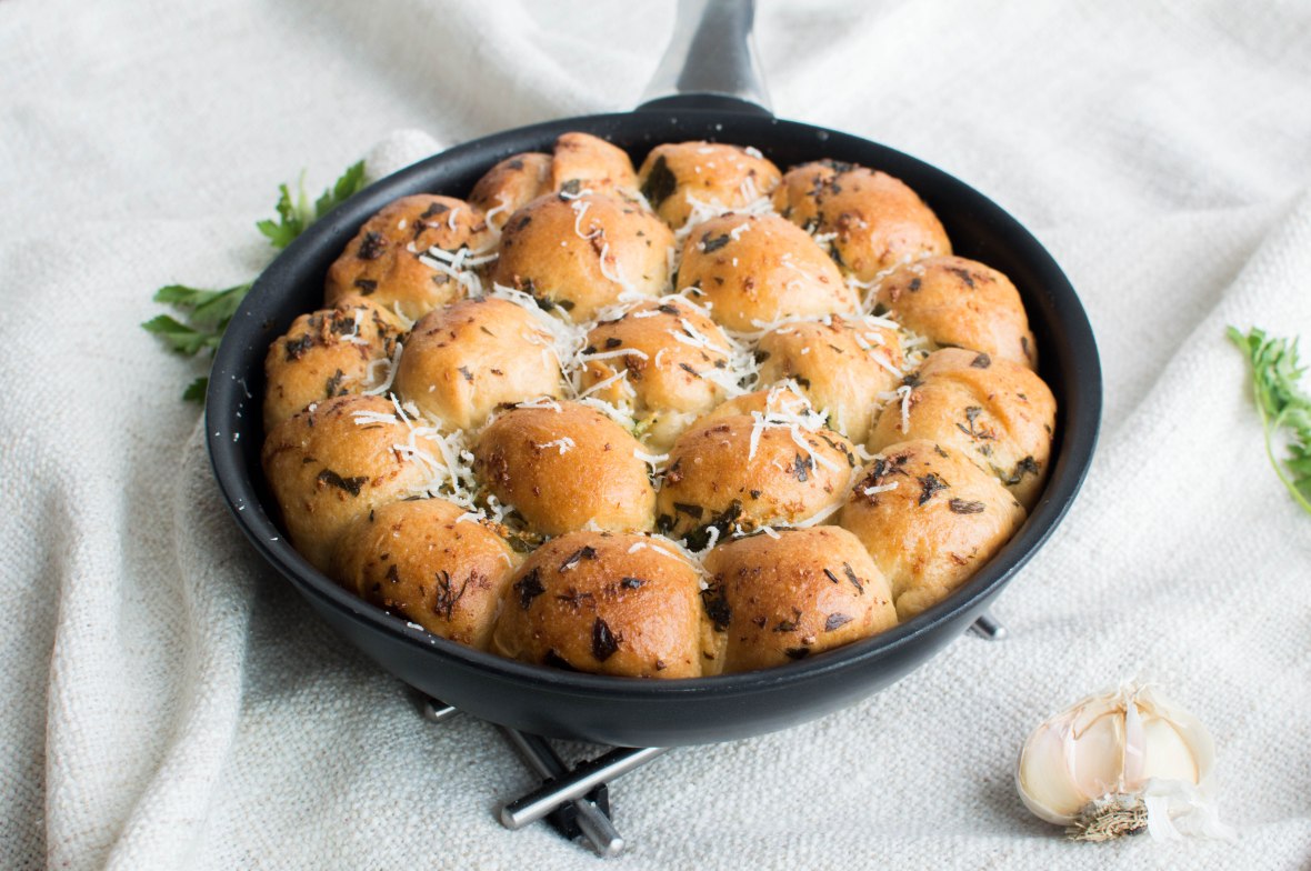 Garlic Dough Balls In A Frying Pan - Kay's Kitchen