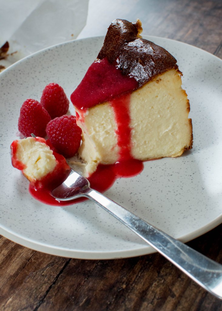 Basque Cheesecake with Raspberry Coulis - Kay's Kitchen