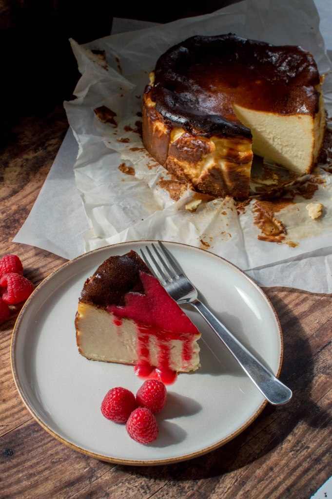 Burnt Basque (San Sebastian Style) Cheesecake With Raspberry Coulis- Kay's Kitchen