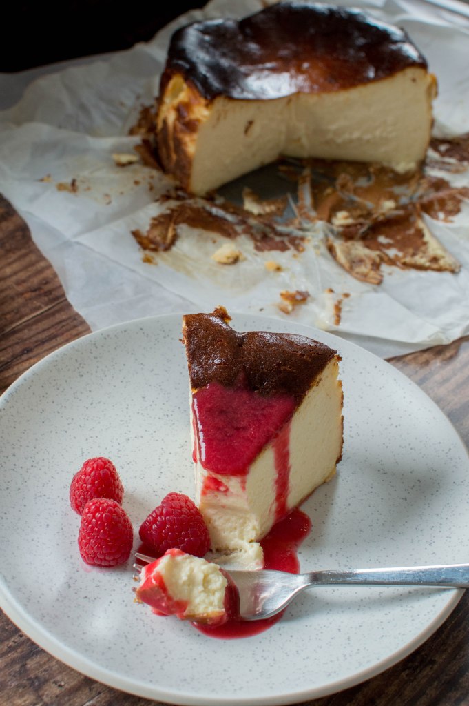 Burnt Basque Style Cheesecake With Raspberry Sauce - Kay's Kitchen
